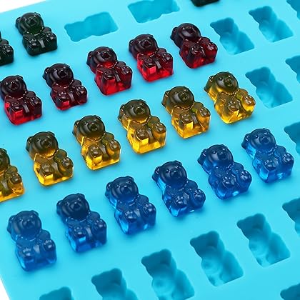 Lizber Newest Generation - 3 Packs Silicone Gummy Bear Candy Molds with 53 Cavities, 3 Bonus Droppers Perfect for Mints Chocolates Molds Fudge Ice Cubes, BPA Free ( Blue, Green, Orange)