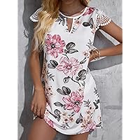 Summer Dresses for Women 2022 Floral Print Guipure Lace Panel Keyhole Neck Tunic Dress (Color : White, Size : Small)
