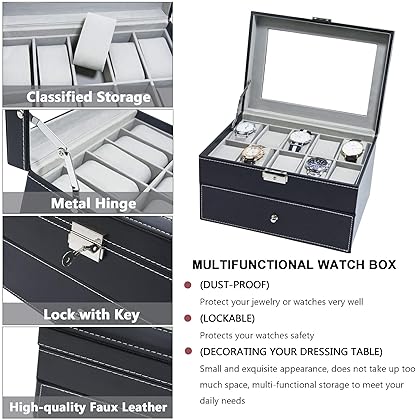 VEEKALA 20 Slot Watch Box Lockable Watches Collector Organizer Display Case Jewelry Storage