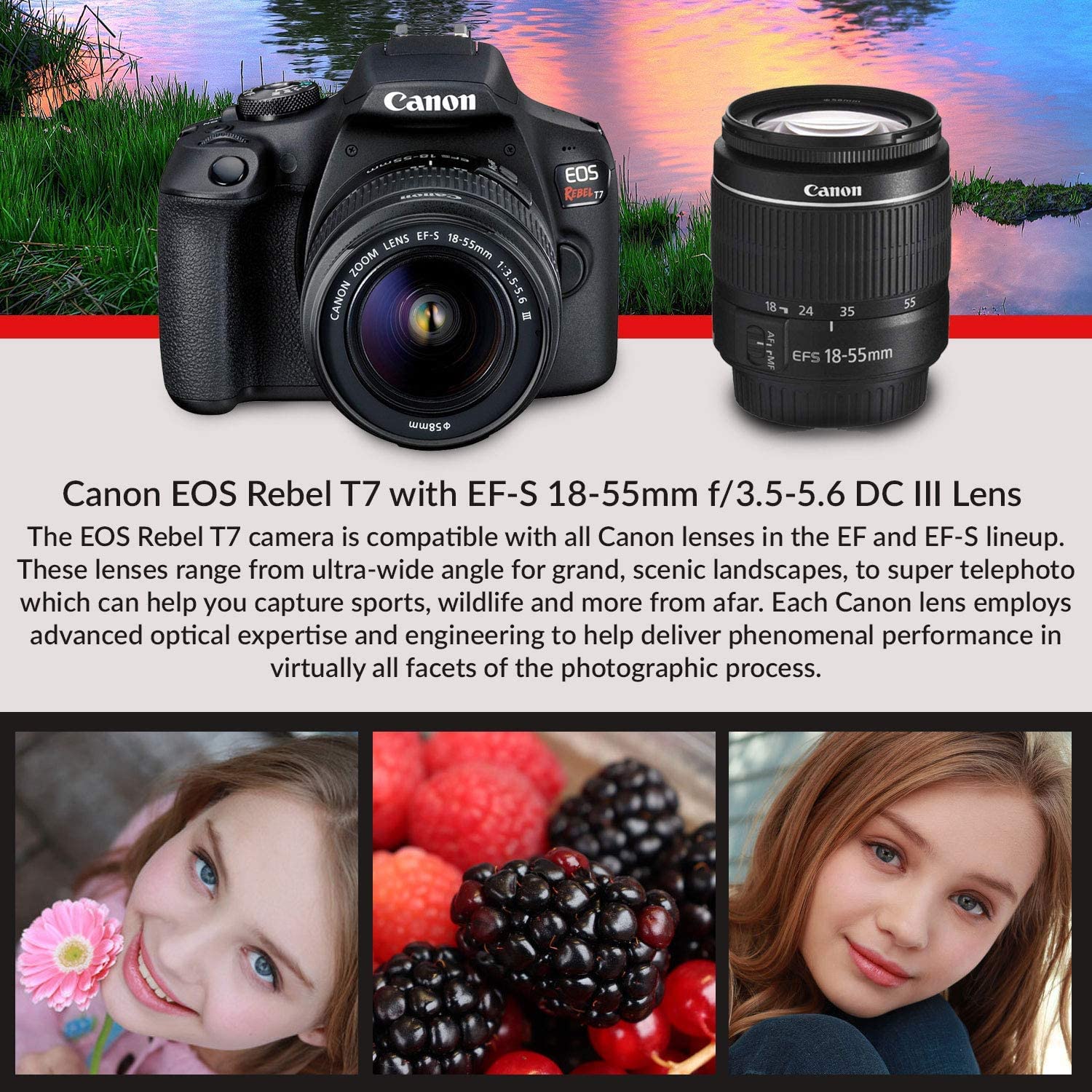 Canon EOS Rebel T7 DSLR Camera with 18-55mm Lens Starter Bundle, Includes: EOS Bag, Sandisk Ultra 64GB Card, Clean and Care Kit + More