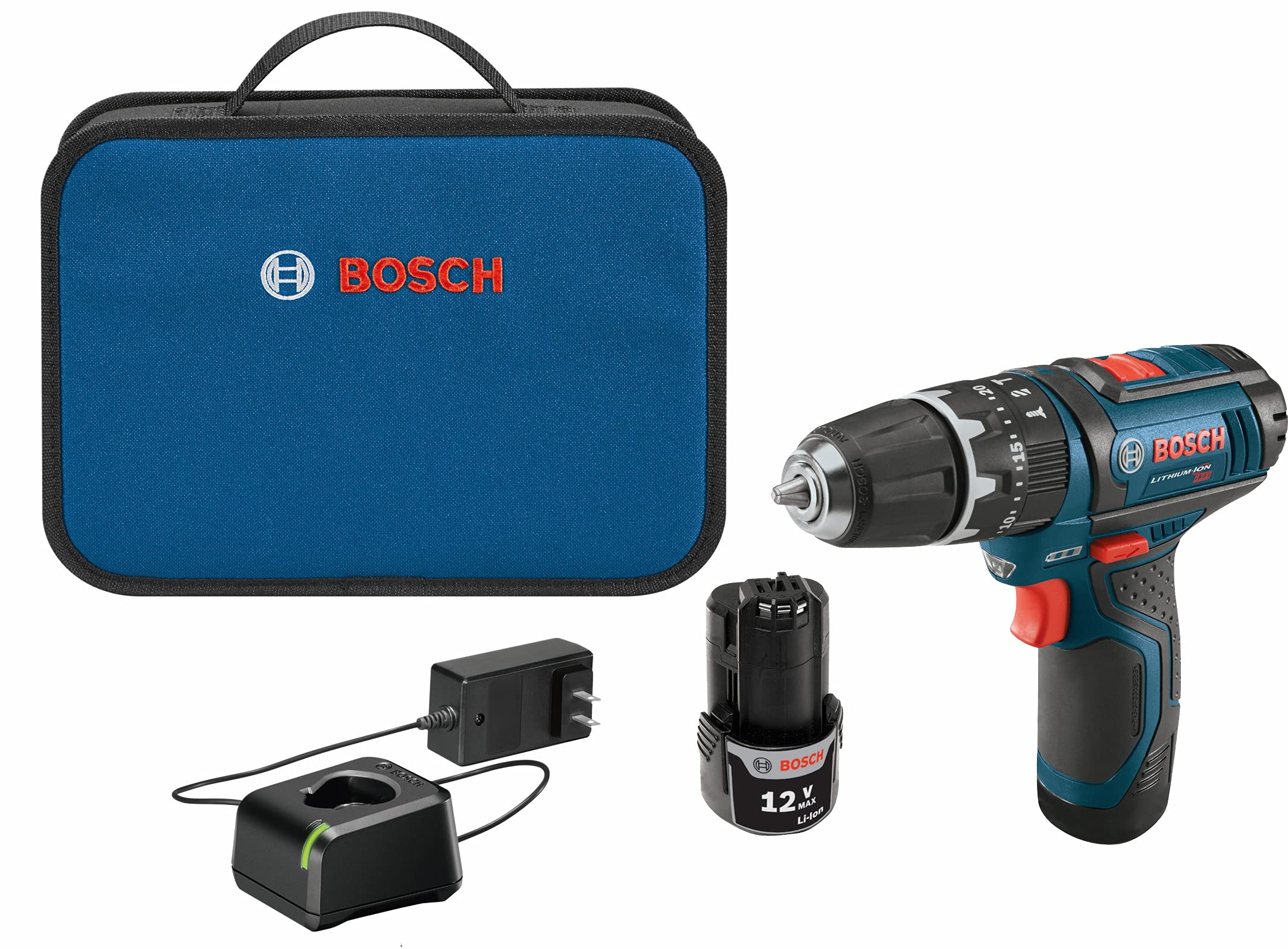 BOSCH PS130-2A 12-Volt Lithium-Ion Ultra-Compact Hammer Drill/Driver Kit, 3/8-Inch , Blue