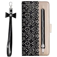 iPhone 12 Mini Wallet Case for Women, DMaos Lace Synthetic Leather Cover with Cute Bowtie Wrist Strap, Girly for iPhone12 Mini 2020 5.4 inch - Black