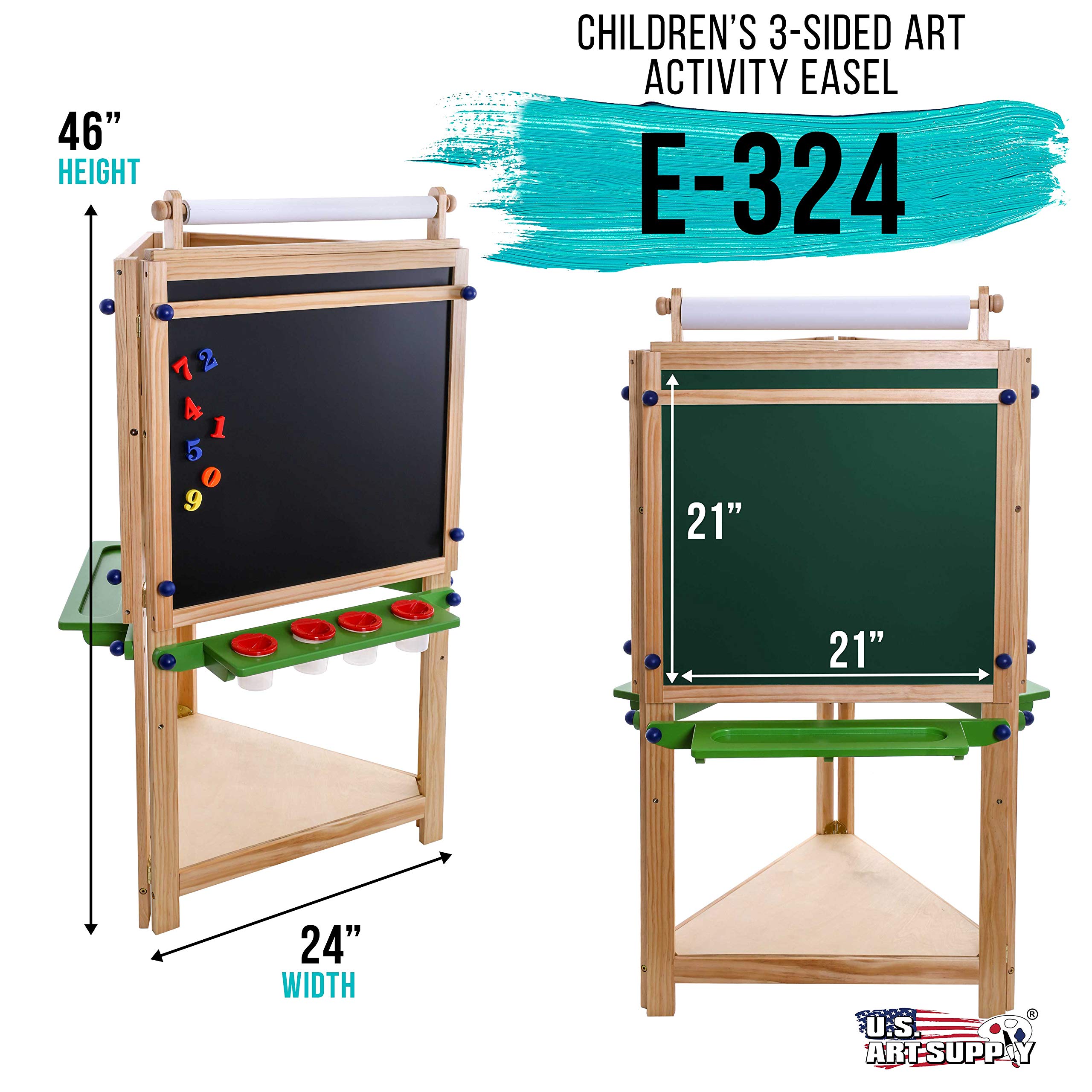 U.S. Art Supply Children's 3-Sided Art Activity Easel with Chalkboard, Large Paper Roll, Shelf & Plastic Paint Cups