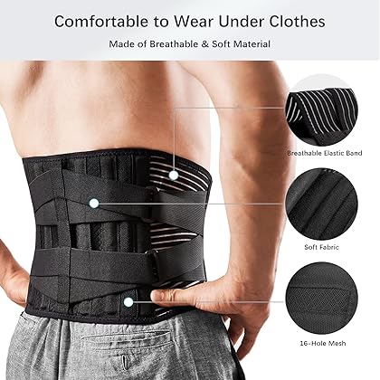FREETOO Back Braces for Lower Back Pain Relief with 6 Stays, Breathable Back Support Belt for Men/Women for work , Anti-skid lumbar support belt with 16-hole Mesh for sciatica(L)