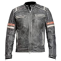 Black Leather Biker Jacket Mens - Cafe Racer Real Lambskin Mens Distressed Motorcycle Jacket