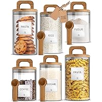 Premium Glass Jar Set - 6 Canisters with Airtight Bamboo Lids, Custom Labels & Spoons - Perfect Storage Jars for Food & Pantry Organization - 17oz, 25oz, 34oz - Transparent, Durable