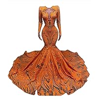 Orange Shiny Sequined Long Train Mermaid Prom Shower Party Evening Dress Celebrity Pageant Gown