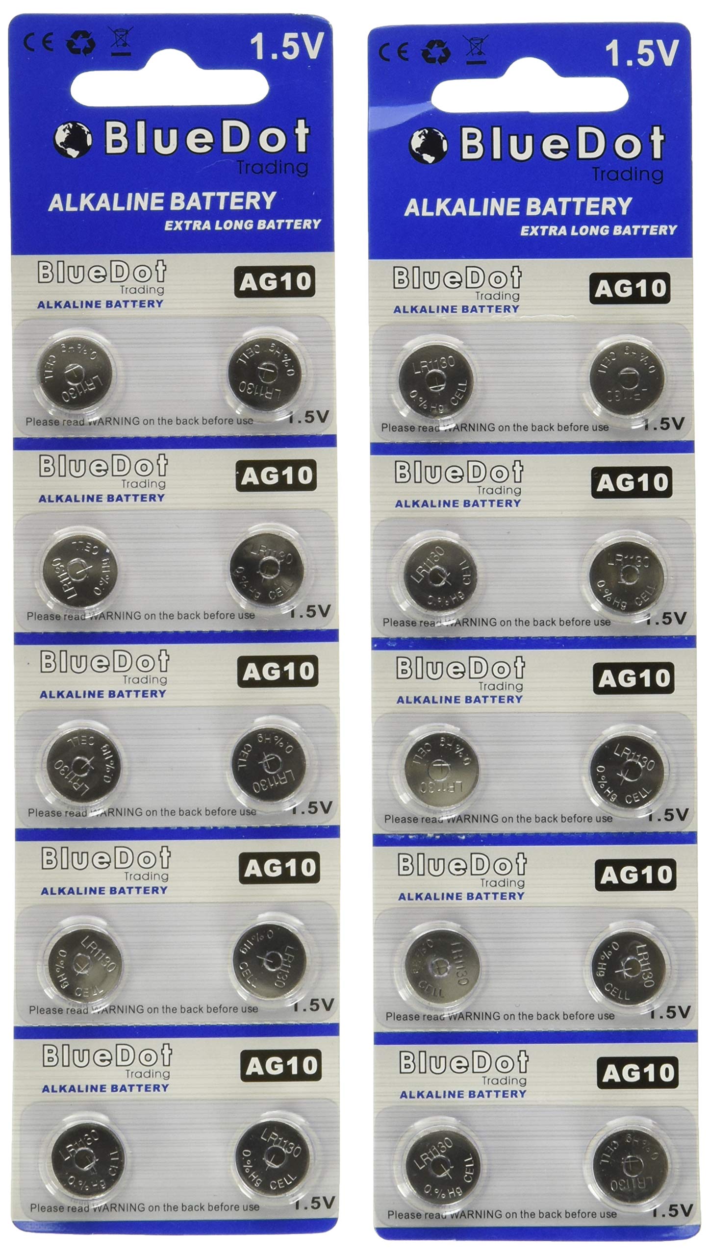 BlueDot Trading AG10 LR1130 LR54 LR54 1.5V Alkaline Coin Cell Battery for Watch, Hearing Aid, Calculator, Flashlights, Keyless Entry, Batteries, 20 Count