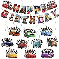 Car Birthday Party Decorations Banner - 1Pc Car Happy Birthday Banner, 10Pcs Car Hanging Swirls, Car Birthday Banner for Boys Kids Birthday Party Decorations Car Theme Party