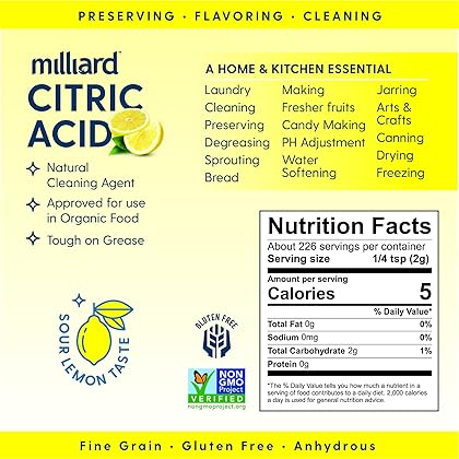 Milliard Citric Acid 1 Pound - 100% Pure Food Grade Non-GMO Project Verified (1 Pound)