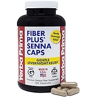 Yerba Prima Fiber Plus Senna Capsules, 180 Count - Gentle Overnight Relief, USA Made, Non-GMO, Certified Gluten-Free, for Short-Term Use to Restore Regularity