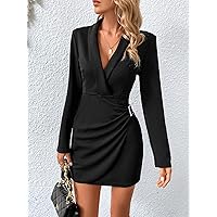 TLULY Dress for Women Shawl Collar Ruched Wrap Hem Bodycon Dress (Color : Black, Size : Large)