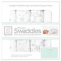 SwaddleDesigns Cotton Muslin Swaddle Blankets, Set of 4, Receiving Blankets for Baby Boys & Girls, Best Shower Gift, 46x46 inches, Goodnight Starshine