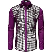 JOGAL Mens 70s Disco Shirt Silver Sequins Party Costume Long Sleeve Button Down Shirt
