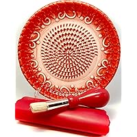 All-in-one 4pcs Prime Ceramic Garlic Grater Set - HandMade, Red Emboss Design Grater Plate w/Garlic Peeler, Gathering Brush, Display Stand, It's also grating Turmeric, Ginger, and more,