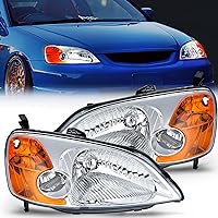 Headlight Assembly Compatible with 2001 2002 2003 Honda Civic Headlamps Replacement Chrome Housing Amber Reflector Upgraded Clear Lens Driver and Passenger Side, 2 Years Warranty