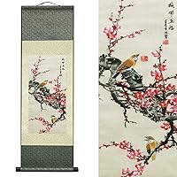 AtfArt Asian Wall Decor Beautiful Silk Scroll Painting 4 Birds and Flowers - Plum Blossoms Five Blessings Oriental Decor Chinese Art Wall Scroll Wall Hanging Painting Scroll (36.2 x 12 in)