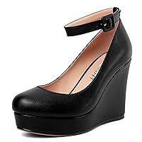 Womens Matte Solid Buckle Evening Dress Round Toe Platform Ankle Strap Wedge High Heel Pumps Shoes 4 Inch