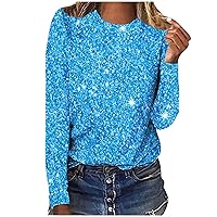 Sparkly Shirts for Women Casual Crewneck Shimmer Glitter Tops Loose Fit Fashion Long Sleeve Shiny Graphic Blouses