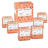 Pura Size 4 Eco-Friendly Diapers (18-31 lbs) Hypoallergenic, Soft Organic Cotton, Sustainable, up to 12 Hours Leak Protection, Allergy UK, Recyclable Packaging, 6 Packs of 22 (132 Diapers)