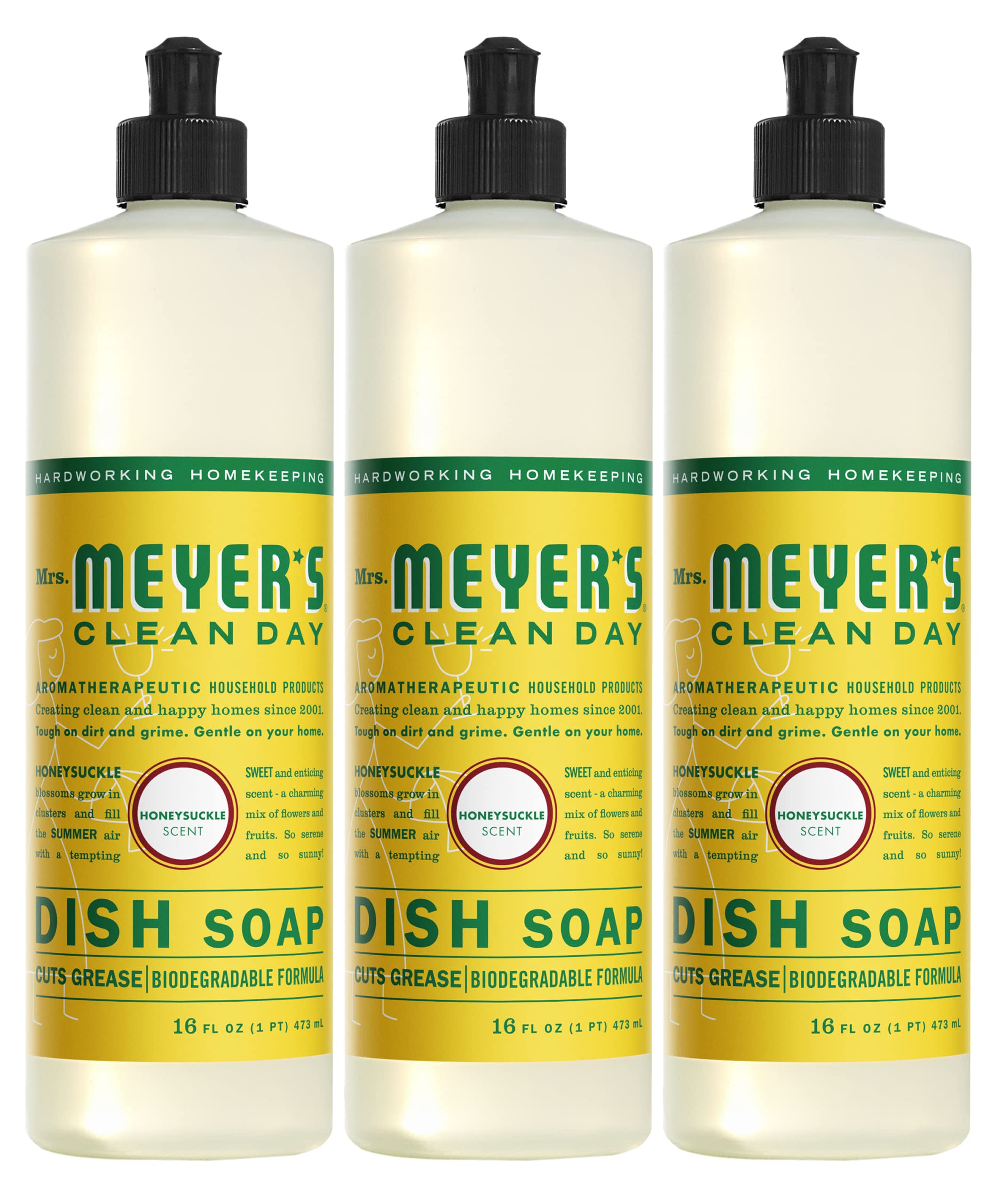 Mrs. Meyer's Liquid Dish Soap, Biodegradable Formula, Honeysuckle, 16 fl. oz - Pack of 3