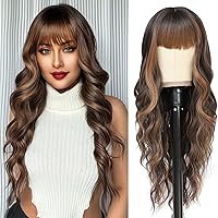 NAYOO Long Brown Wigs with Bangs for Women Curly Wavy Hair Wigs Heat Resistant Synthetic Fiber Wigs for Daily Party Use 26 Inches (Dark Brown Mixed Chestnut)
