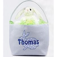 Blue Seersucker Baby and Toddler Easter Basket! Personalized Baby Easter Basket - Polka Dot Bunny Applique with Embroidered Name (Tote ONLY)