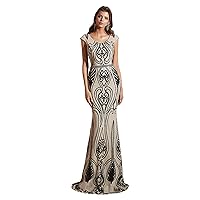 Women's Sequins Embroidery Mermaid Long Prom Dresses Cap Sleeve Crewneck Evening Gown