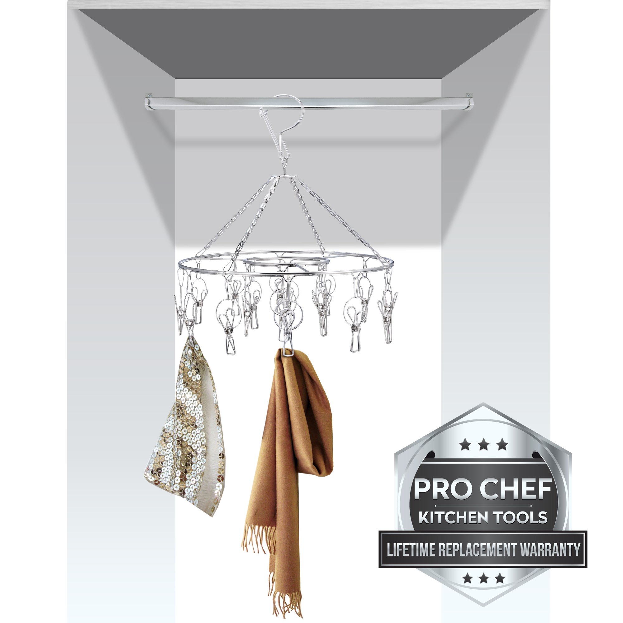 Pro Chef Kitchen Tools Clothes Drying Rack - Round Clothing Racks - Laundry Portable Clothesline Includes 18 Metal Clothespins Hanger Clips Set - Baby Clothes Storage Closet - Herb Hanging Air Dryer