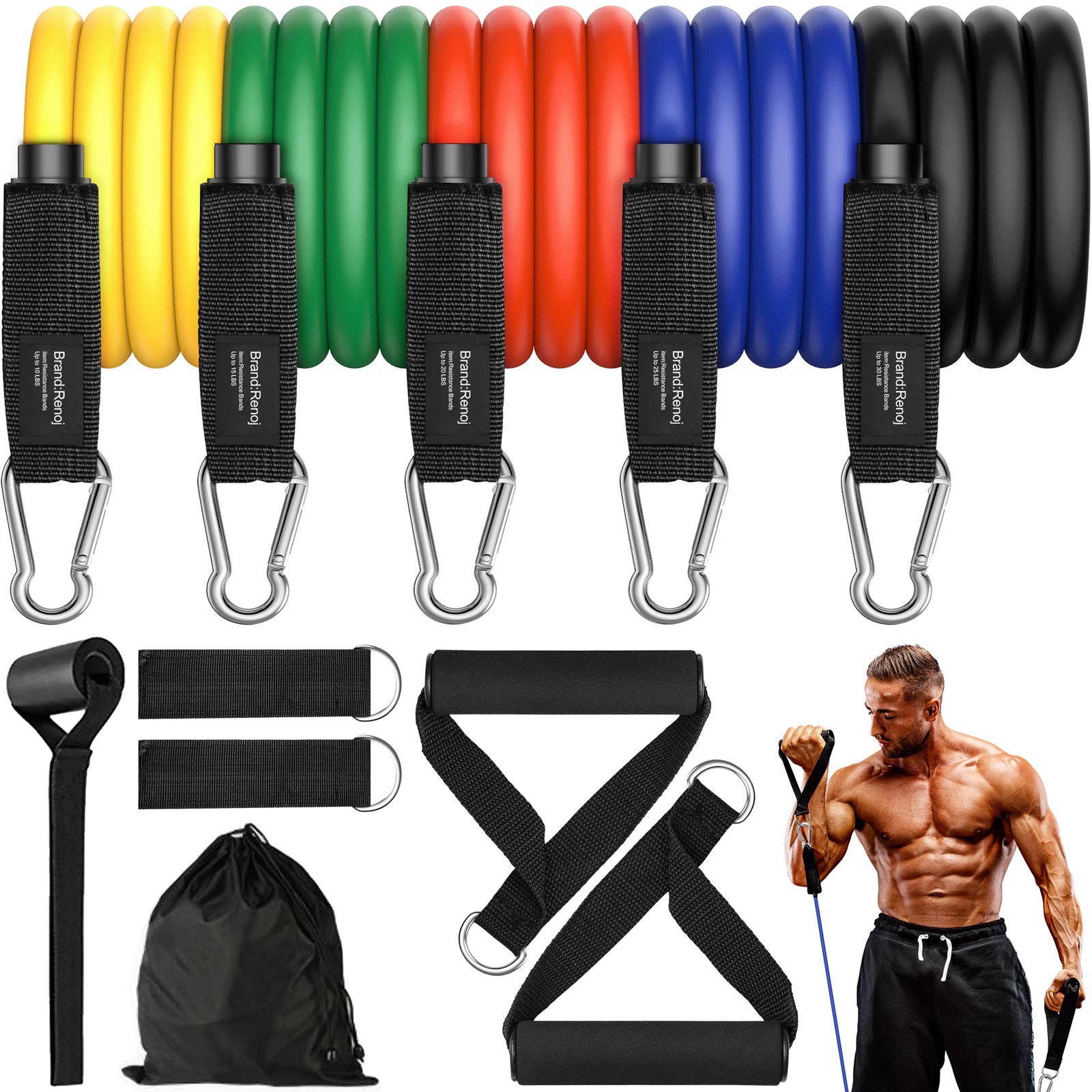 Exercise Bands Resistance Bands Set with Bigger Handles and Bag, Upgraded Workout Bands with More Resistance for Women and Men (Black red Yellow Green Blue)