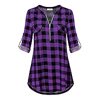 Women's Zip Up V Neck 3/4 Rolled Sleeve Casual Tunic Shirt