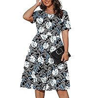 POSESHE Womens Plus Size Summer Dress 2023 Casual Short Sleeve Empire Waist Loose Fit Swing T-Shirt Dress with Pockets