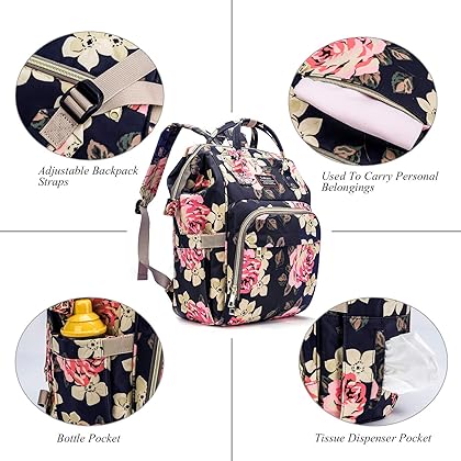 Srotek Diaper Bag Backpack Floral Baby Bag Water-Resistant Baby Nappy Bag with Insulated Water Bottle Bag/Changing Pad for Women/Girls/Mum (Flower Pattern)