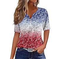 Independence Day Short Sleeve Flag Printed Casual Button V-Neck T-Shirt Plus Size 4Th of July Shirts