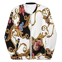 Unisex Bomber Jacket For Women Men Streetwear Floral Blooming Gilded Gold White
