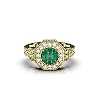 Natural Round Emerald And Diamond 14K Gold Engagement Ring/Christmas Gift Ring/Anniversary Ring