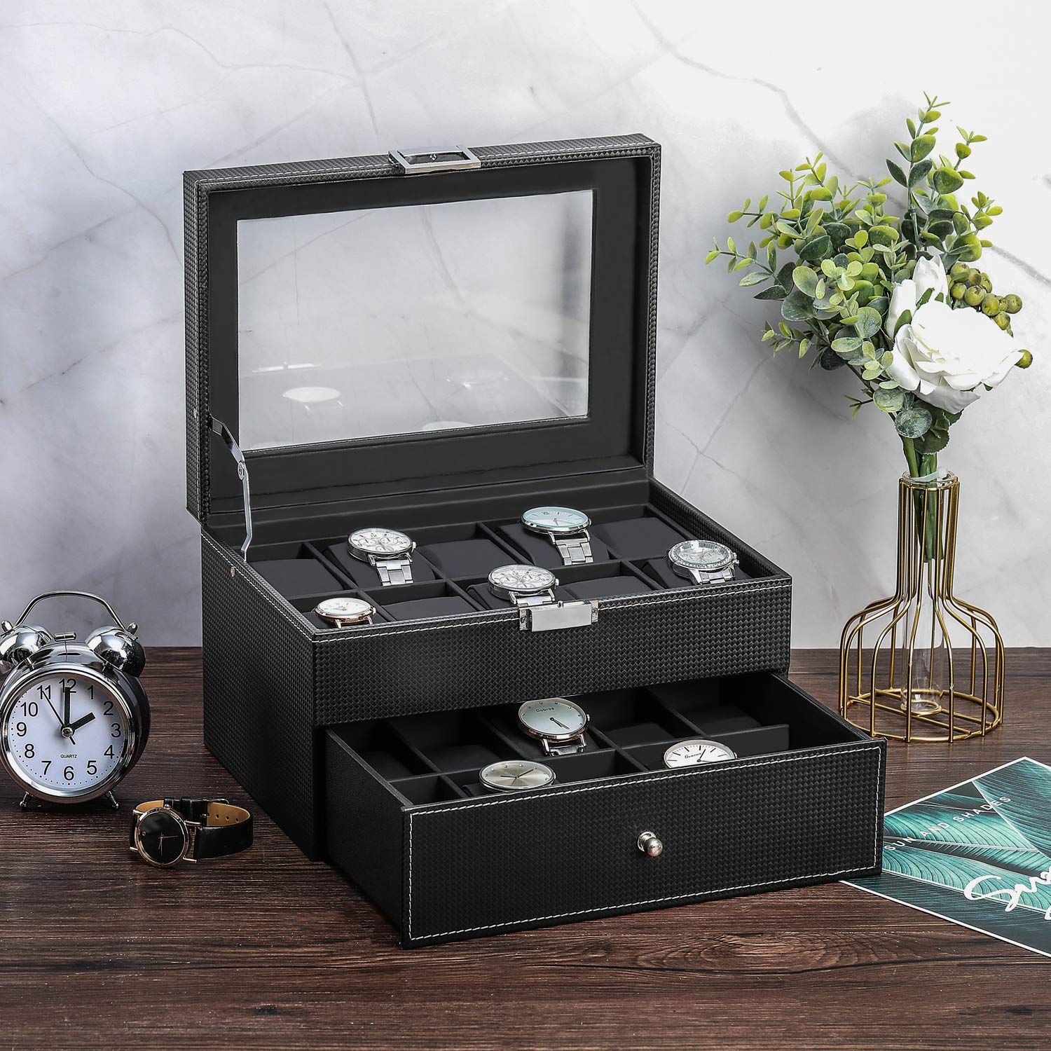 BASTUO Watch Box 20 Watch Display Organizer Storage Case Luxury Carbon Fiber Leather, Jewelry Collection Box for Men and Women, Black with Glass Top