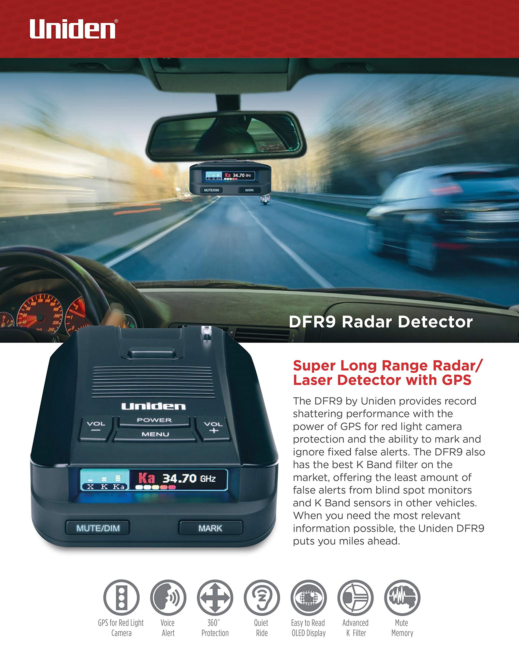 Uniden DFR9 Super Long Range Laser and Radar Detection, Built-In GPS for Red Light Cameras and Speed Camera Alerts, Easy to Read Full Color OLED Display