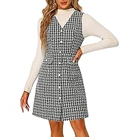 Allegra K Women's V Neck Dress, Sleeveless Dress, Checkered Pattern, Overalls, Button, Tweed Pockets