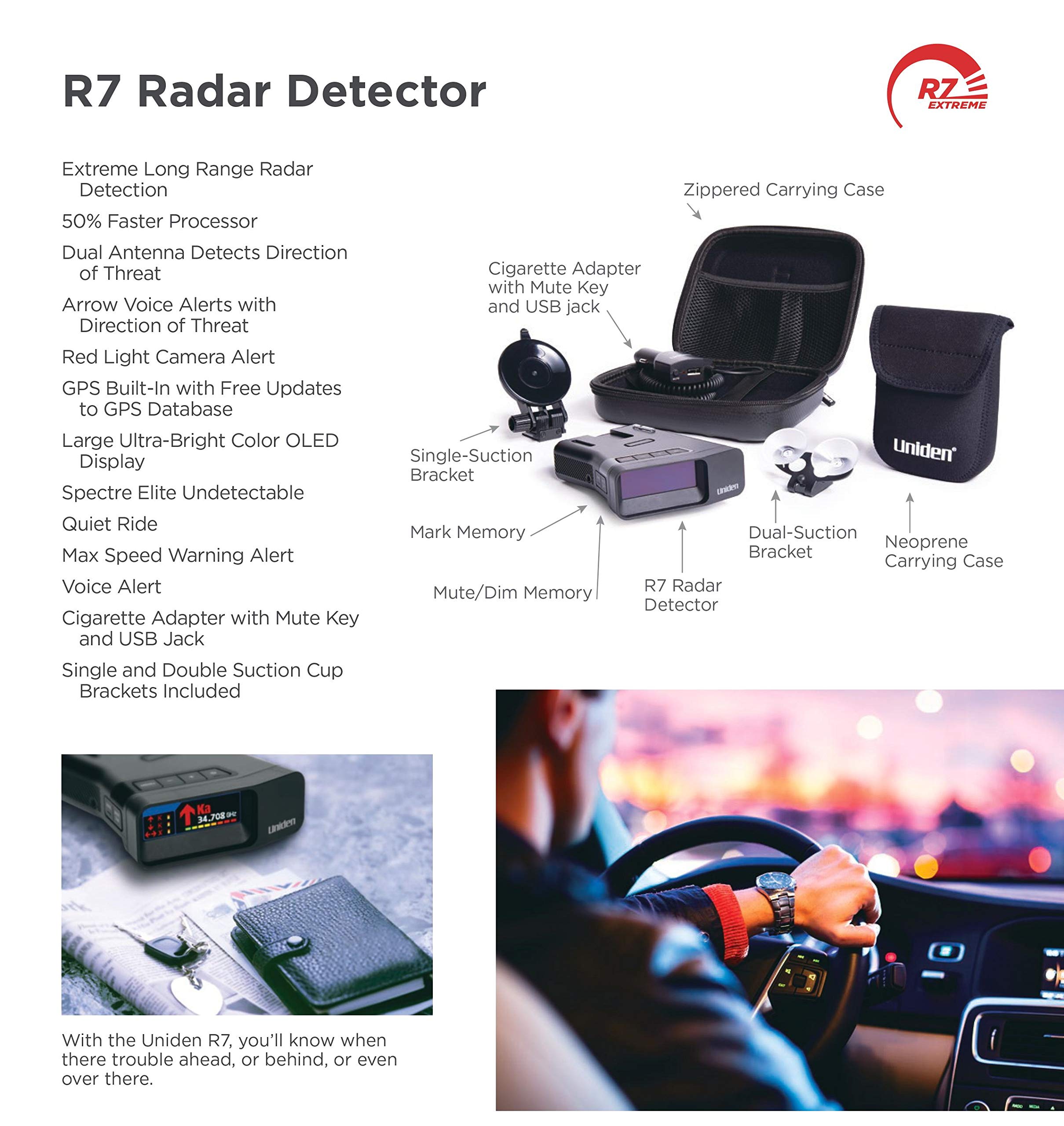 Uniden R7 EXTREME LONG RANGE Laser/Radar Detector, Built-in GPS, Real-Time Alerts, Dual-Antennas Front & Rear w/Directional Arrows, Voice Alerts, Red Light and Speed Camera Alerts