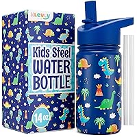 Snug Kids Water Bottle - insulated stainless steel thermos with straw  (Girls/Boys) - Monster Trucks, 17oz 