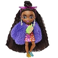 Barbie Extra Minis Doll #1 (5.5 in) Wearing Sprinkle-Printed Dress & Furry Coat with Doll Stand & Accessories Including Micro Sunglasses and Waist Bag, Gift for Kids 3 Years Old & Up​