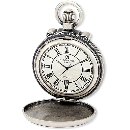 Charles-Hubert, Paris 3863-S Classic Collection Antiqued Finish Hunter Case Quartz Pocket Watch