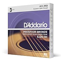 D'Addario Guitar Strings - Phosphor Bronze Acoustic Guitar Strings - EJ26-3D - Rich, Full Tonal Spectrum - For 6 String Guitars - 11-52 Custom Light, 3-Pack