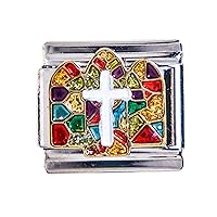 Italian Charm Bracelet Stainless Steel 9mm -Christian Stained Glass - White Cross - Inspiration for peaceful meditation