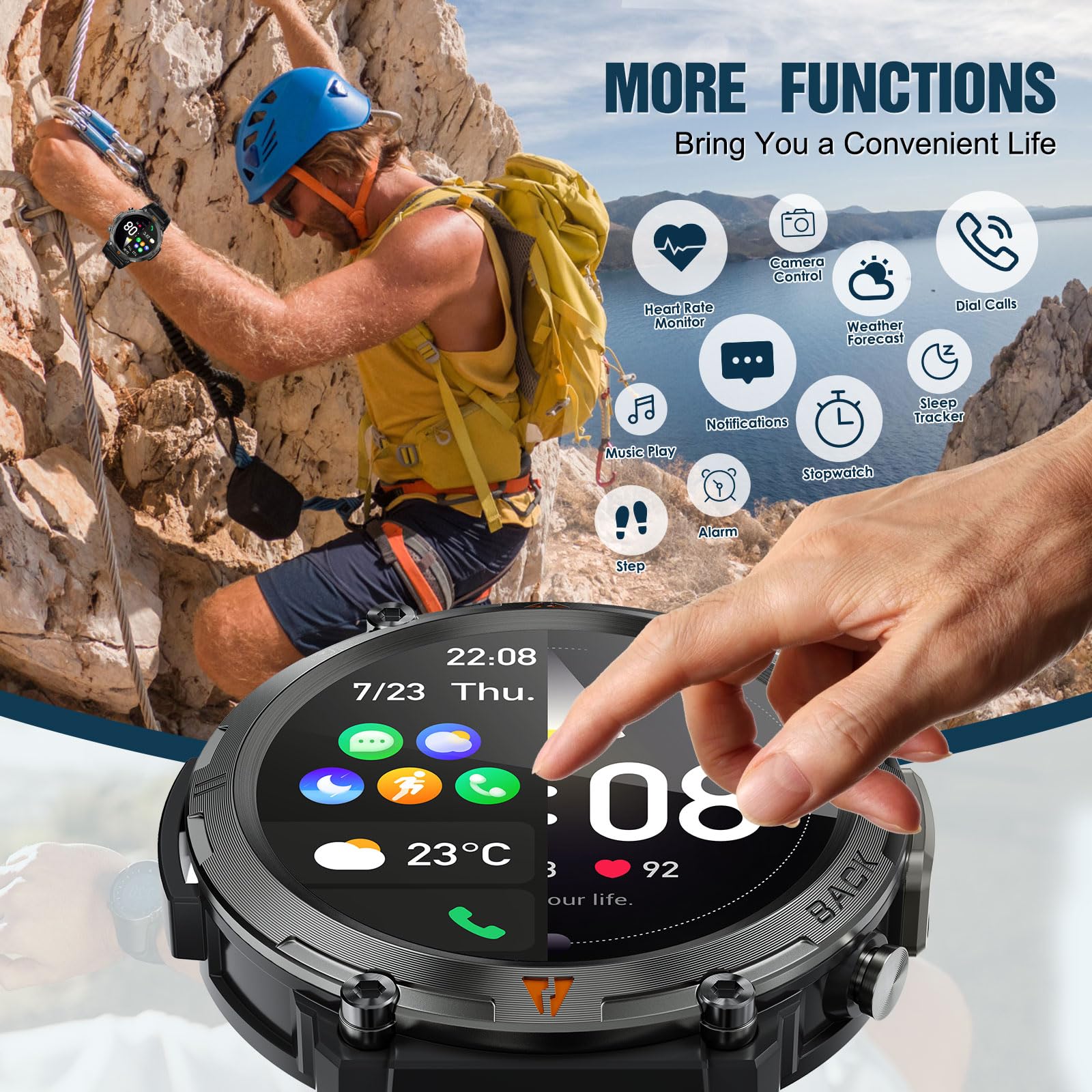 Military Smart Watch for Men with Flashlight(Bluetooth Call/Answer), 1.45” Rugged Tactical Smartwatch for Sleep Heart Rate Pedometer, Outdoor Fitness Tracker Compatible with Android iPhone Black