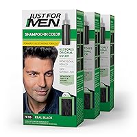 Just For Men Shampoo-In Color (Formerly Original Formula), Mens Hair Color with Keratin and Vitamin E for Stronger Hair - Real Black, H-55, Pack of 3