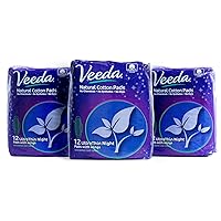 Veeda Ultra Thin Super Absorbent Night Pads Are Always Chlorine, Dye and Fragrance Free, Natural Cotton Sanitary Napkins,3 Packs of 12 Count Each