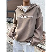 Sweatshirt for Women Mountain & Letter Embroidery Half Zip Drop Shoulder Fleece Hoodie Sweatshirt for Women (Color : Mocha Brown, Size : Small)