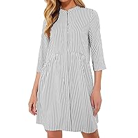 Womens Striped Shirt Dresses Casual Button Down Collared Tunic Blouse Mini Dress Loose Fit 3/4 Sleeve Patchwork Dress